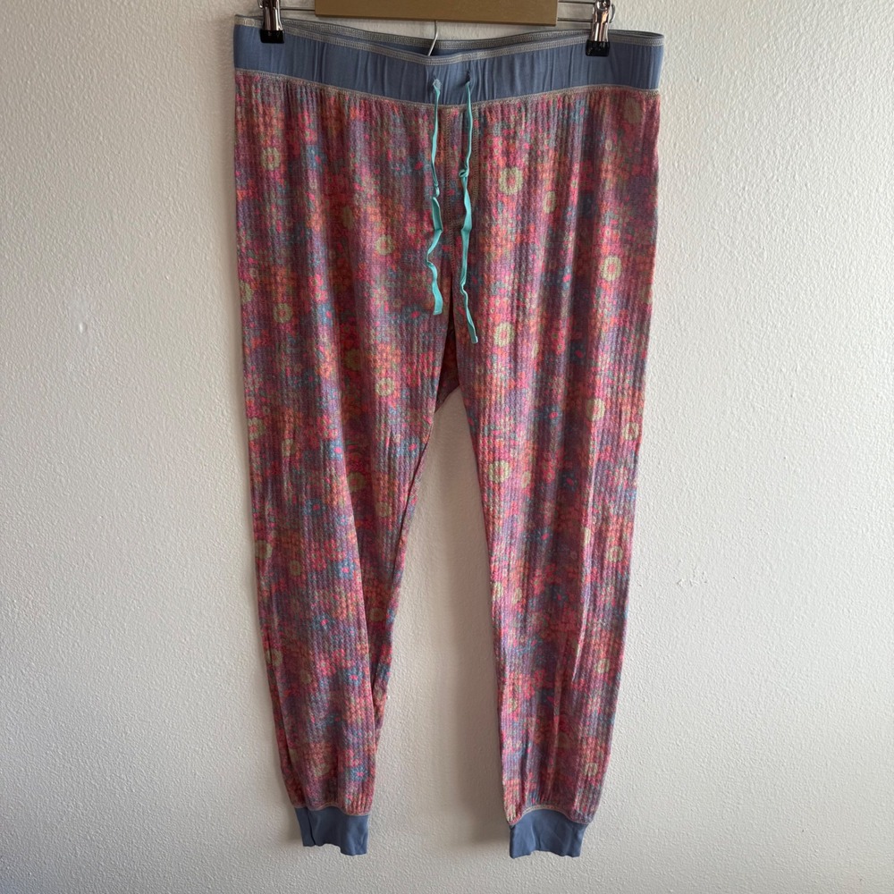 Natural Life Size XL Pink Floral Waffle Knit Long John's Drawstring Joggers